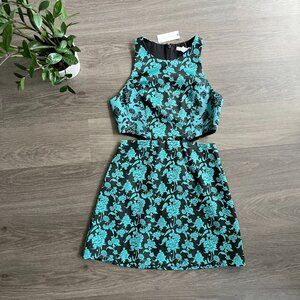 NWT HUTCH Teal & Black Jacquard Cut Out Mini Sleeveless Dress